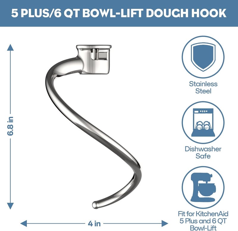 Cofun Stainless Steel Spiral Dough Hook for Kitchenaid 5Plus & 6QT Bowl-Lift Stand Mixers, Dough Hook for Kitchenaid Stand Mixer Dishwasher Safe, Efficient Kneading for Bread, Pizza, Pasta, Cookies - Image 3